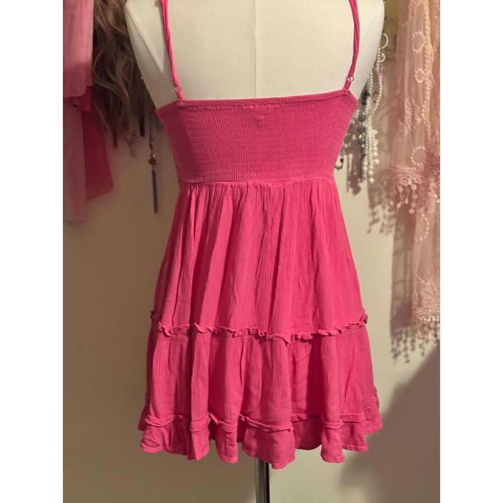 Blush Pink Crochet Daisy Bodice Tiered Babydoll Mini Dress Boho Festival Size S - Picture 2 of 6